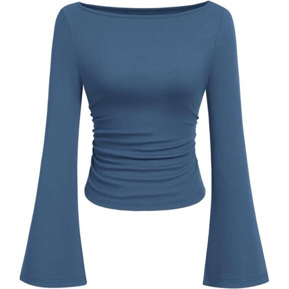 Women's Long Sleeve Shirts Crop Tops Blue - Picture 1 of 4